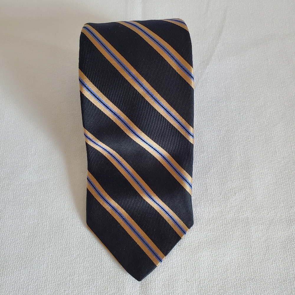 Roundtree & Yorke Collegiate Mens Necktie Black Gold Blue Stripe~ Dry Clean Only
